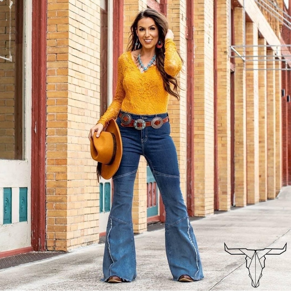 Ladies patchwork flare leg jeans